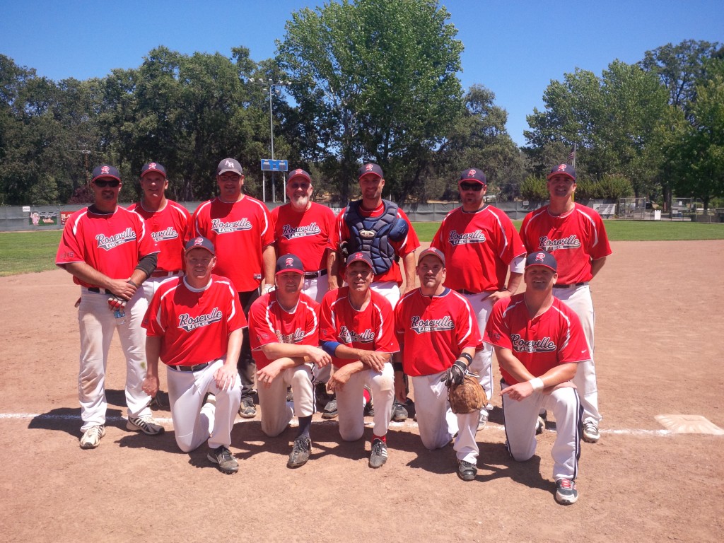 Roseville Eagles, WCFA Champs at Sonora, July 13-14, 2013. Pictured for the Eagles are standing, left to right:  Mario Pereira, OF/1B; Ed Gaspar, P; Nick Freitas, OF; Paul Carelton, coach; Joel Manfredi, C; Kevin Fontana, 1B/OF; Larry Machado, SS.  Kneeling are:  Trevor Ward, P; Zach Abernathy, CF; Kary Moore, OF; Adam Trough, 2B and Tyler Phillips, 3B. 