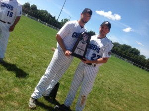 Pitcher Adam Folkard and second baseman Nick Shailes with 2013 ASA Men's Major championship trophy. won by Hill United. (Photo courtesy of Nick Shailes, click to enlarge).