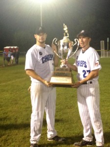 2013 ISC Outstanding Pitcher, Adam Folkard (L), and Most Valuable Player, Nick Shailes (R). (Photo courtesy of Jason Hill)