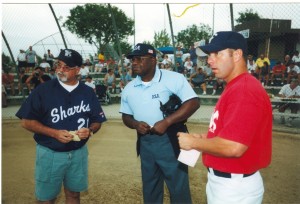  Jim Lynn and Jeff Coleman managers presenting their lineups in Lancaster, CA at the 2002 ASA "A" National Championship final game.   