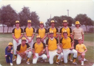 Teammates on city league fastpitch team, the Long Beach Coneheads, Bob and Jim Flanagan at bottom right.